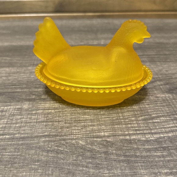 Other - Yellow Satin Glass Hen on Nest Covered Dish 5" Chicken Beaded Rim Import